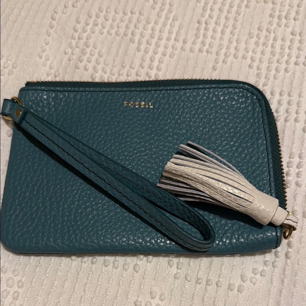 Fossil Teal Leather Wristlet with Tassel